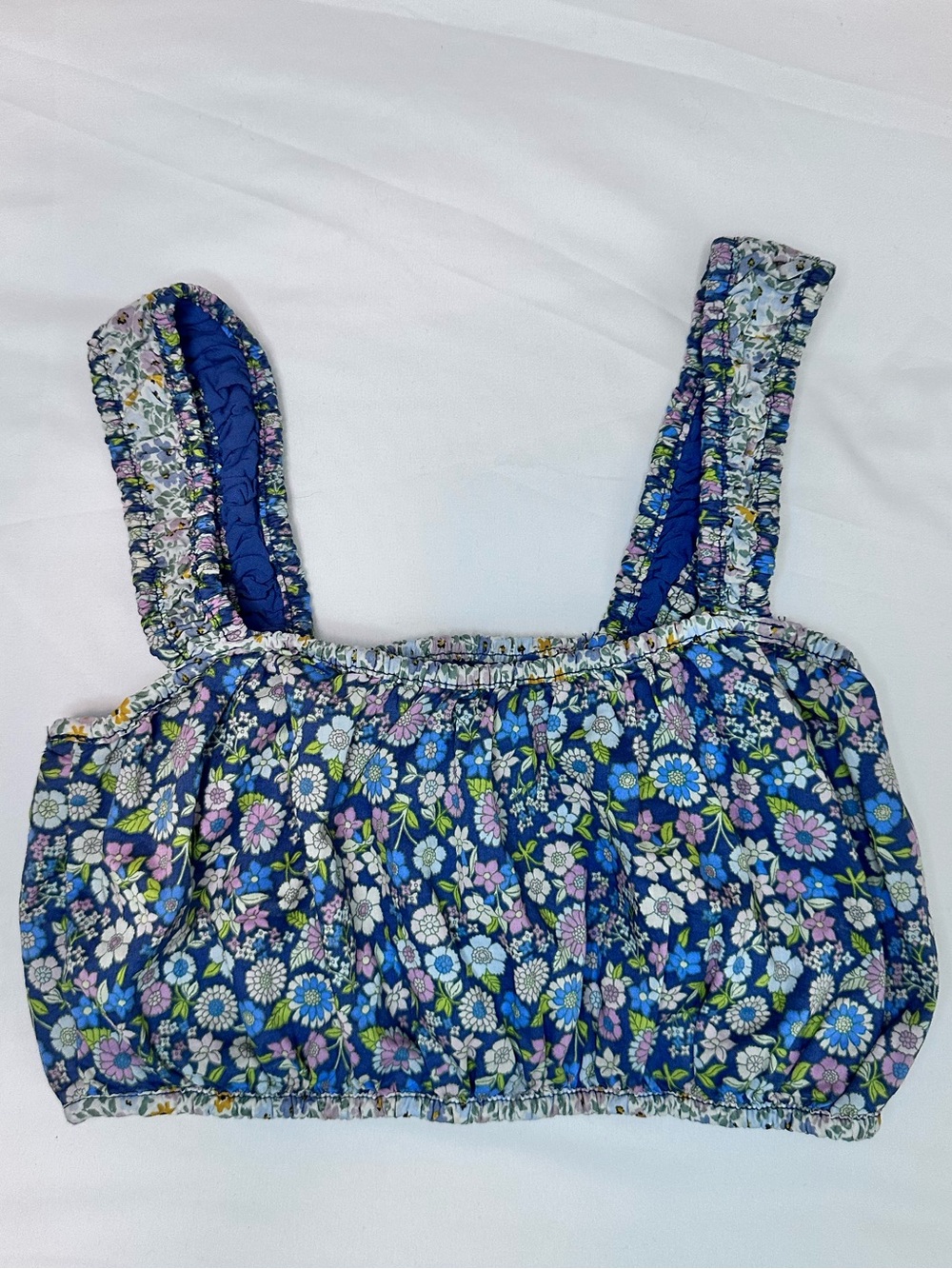 American Eagle Floral Smocked Crop Top Blue Cottagecore Puff Strap XS